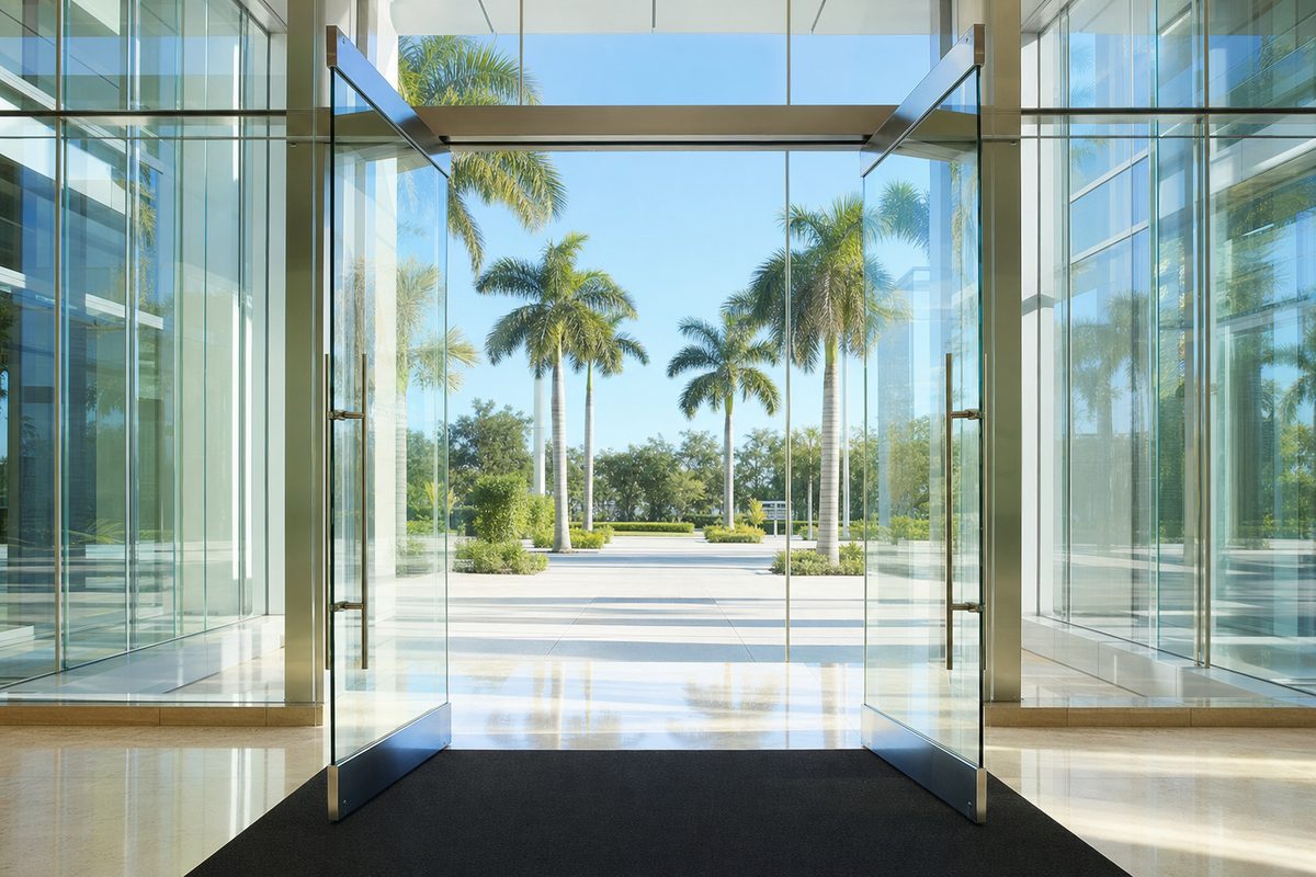 Spotless glass entrance and lobby maintained by Collegiate Clean in Brandon, Florida