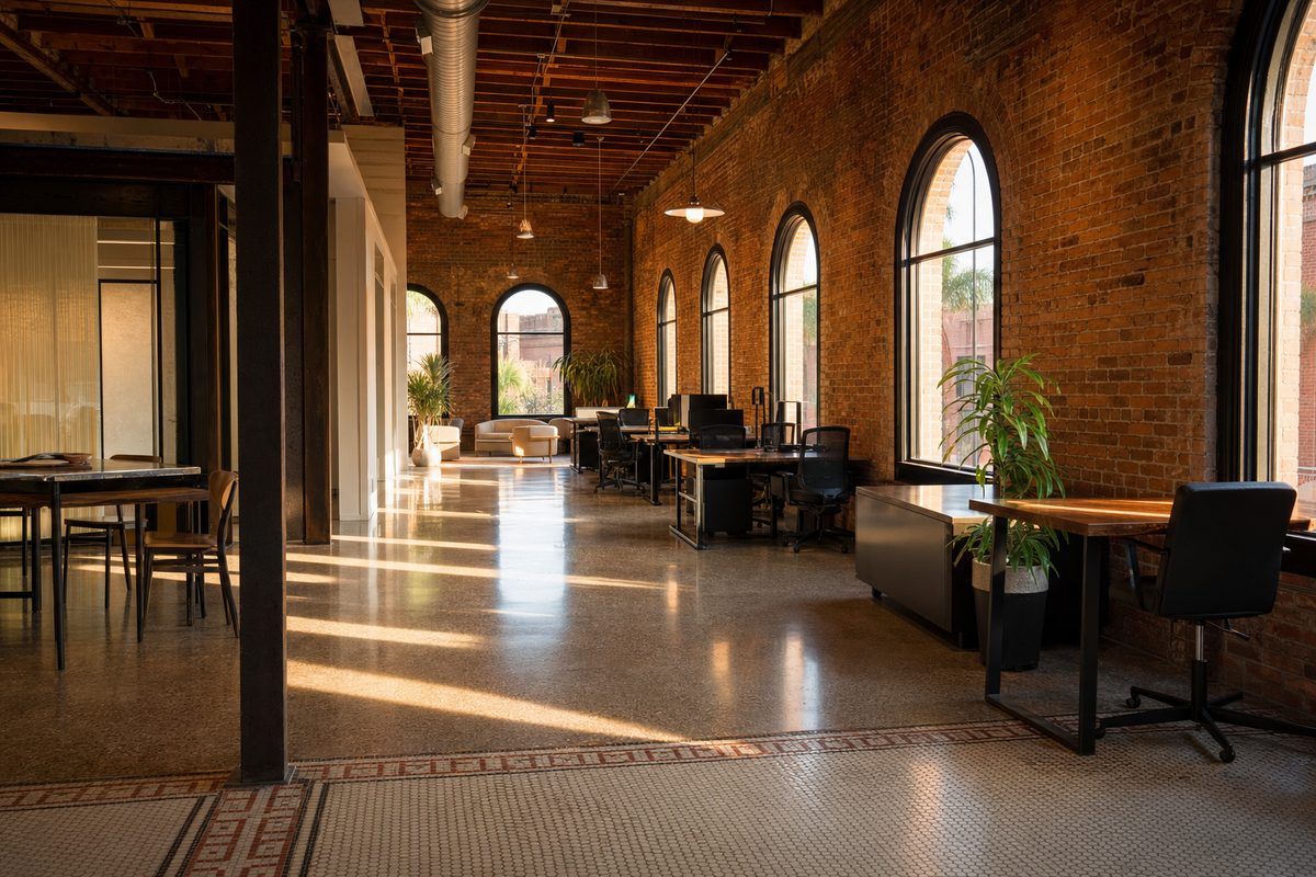 Converted historic brick building interior in Ybor City with original terrazzo flooring