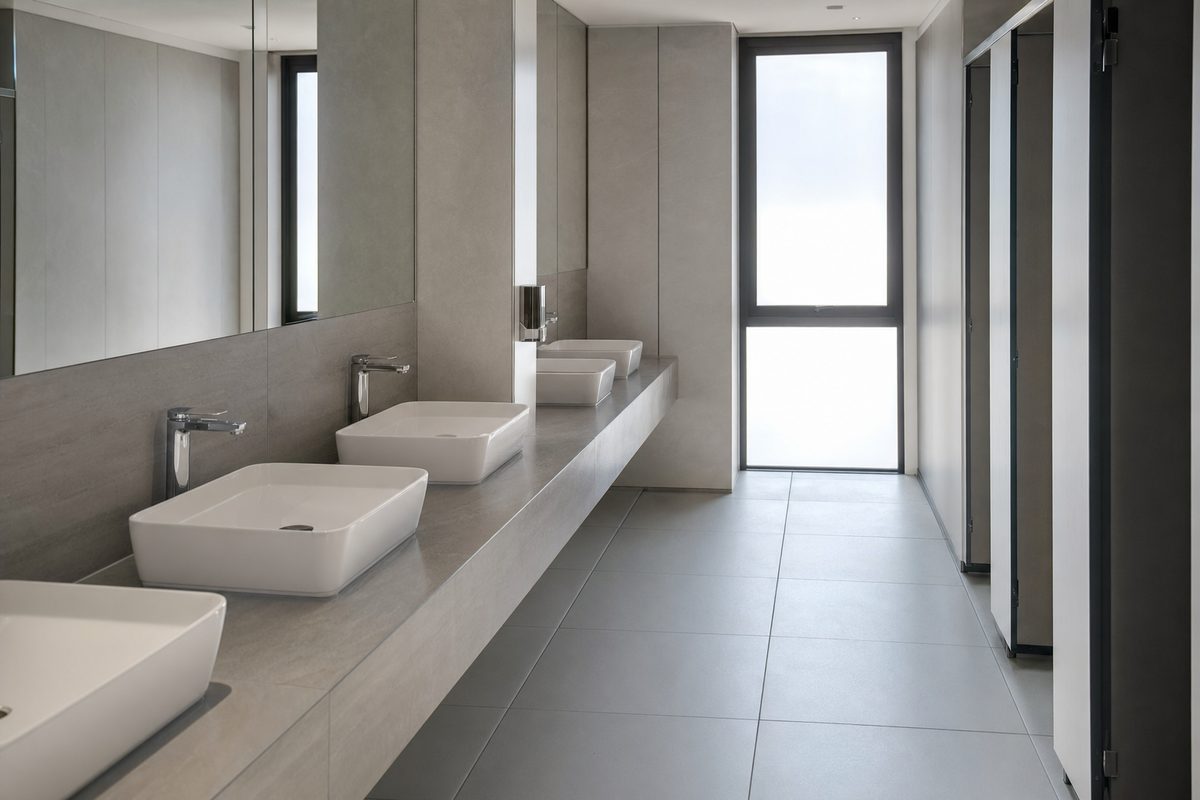 Immaculate commercial restroom cleaned nightly by Collegiate Clean in Tampa Bay